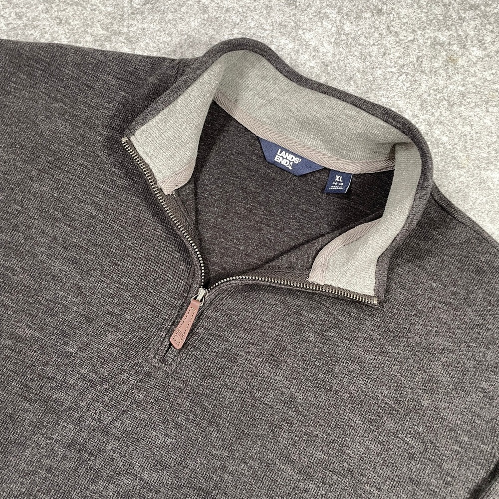 Lands End Mens Quarter Zip Pullover XL Gray Heathered Mock Neck Cotton Blend